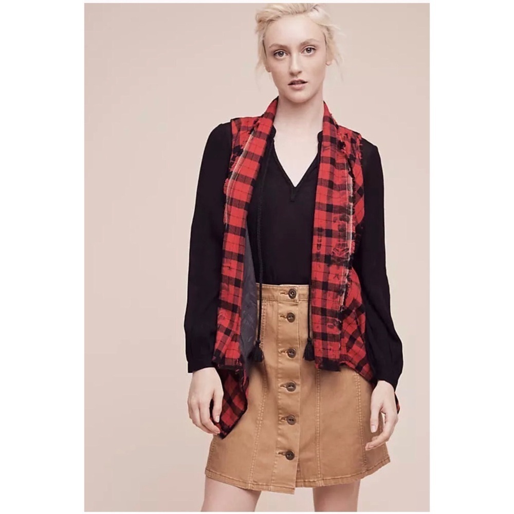 ANTHROPOLOGIE Elevenses Roxanne Vest in Red Plaid Waterfall Size M - Picture 2 of 10